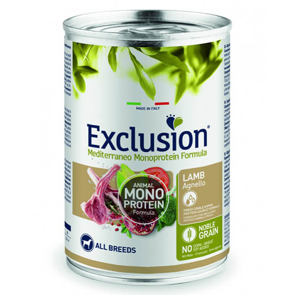 Консервы Exclusion Noble Grain Adult Lamb с ягненком для взрослых собак всех пород, 400 г Консервы Эксклюжн БЛАГОРОДНОЕ ЗЕРНО с ягненком для взрослых собак всех пород — это полнорационный монопротеиновый влажный корм в банке 400 г для ежедневного питания питомца