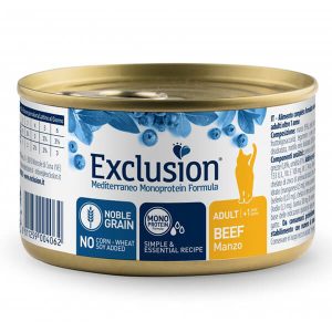 Влажный полнорационный корм Exclusion с говядиной для взрослых кошек всех пород старше 1 года. Рецептура содержит 95% говядины, пребиотические компоненты, лососевое масло и растительные ингредиенты. Выпускается в банке массой 85 г.