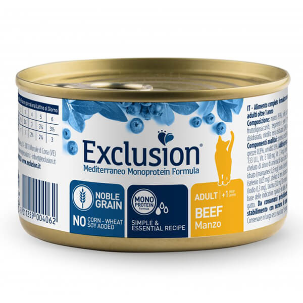 Влажный корм Exclusion Noble Grain Cat Beef с говядиной для кошек, 85 г Влажный полнорационный корм Exclusion с говядиной для взрослых кошек всех пород старше 1 года. Рецептура содержит 95% говядины, пребиотические компоненты, лососевое масло и растительные ингредиенты. Выпускается в банке массой 85 г.