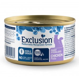Влажный корм Exclusion в форме паштета с курицей для взрослых стерилизованных кошек и кастрированных котов крупных пород. Рецептура содержит 95% мяса курицы, лососевое масло. Выпускается в банке массой 85 г.