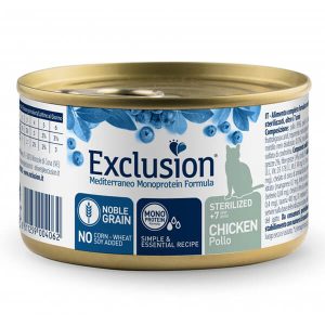 Влажный корм Exclusion в форме паштета с курицей для взрослых кастрированных котов и стерилизованных кошек всех пород старше 7 лет. Монопротеиновая рецептура содержит 95% мяса курицы, а также глюкозамин и хондроитина сульфат. Выпускается в банке массой 85 г.