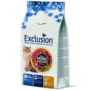 Сухой корм Exclusion с говядиной для взрослых стерилизованных кошек и кастрированных котов возрастом от 12 месяцев. Рецептура содержит 28% дегидрированной говядины, рис, источники пищевых волокон и пребиотики