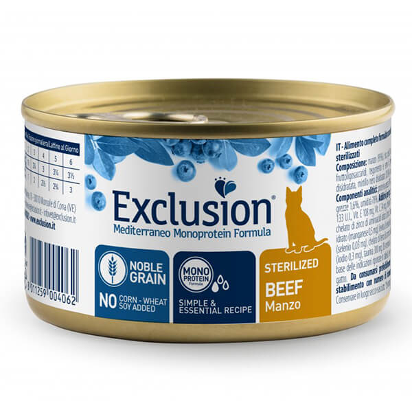 Влажный корм Exclusion Noble Grain Cat Sterilized Beef с говядиной для стерилизованных кошек, 85 г Влажный корм Exclusion в форме паштета с говядиной для взрослых кастрированных котов и стерилизованных кошек всех пород. Монопротеиновая рецептура содержит 95% говядины, лососевое масло, пребиотические компоненты и ягоды. Выпускается в банке массой 85 г.