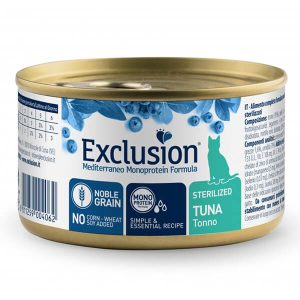 Влажный корм Exclusion в форме паштета с тунцом для взрослых кастрированных котов и стерилизованных кошек всех пород. Монопротеиновая рецептура содержит тунец (95%), лососевое масло, пребиотики и растительные компоненты. Выпускается в банке массой 85 г.