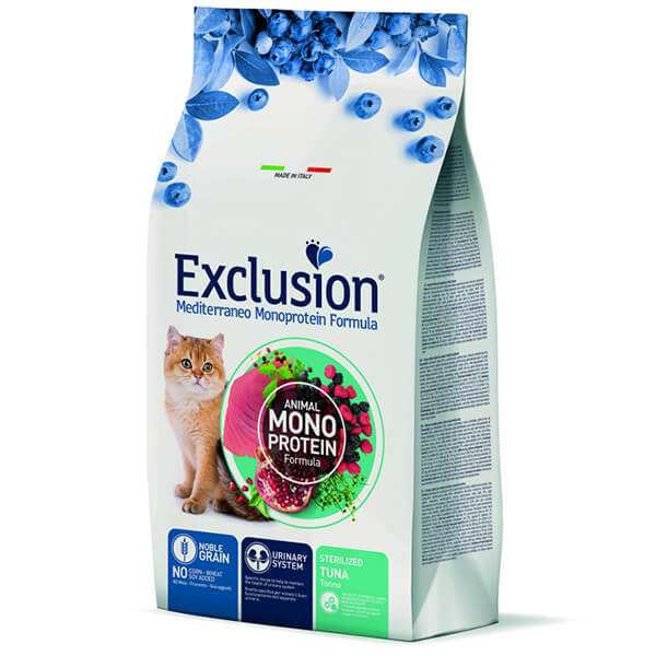 Сухой корм Exclusion Noble Grain Cat Sterilized Tuna с тунцом Сухой корм Exclusion с тунцом для взрослых стерилизованных кошек и кастрированных котов возрастом от 12 месяцев. Рецептура содержит 26% дегидрированного тунца, рис, растительные волокна, лососевое масло и пребиотики. В составе также есть псиллиум, семена подорожника и ягоды
