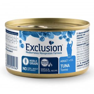 Влажный полнорационный корм Exclusion с тунцом для взрослых кошек всех пород старше 1 года. Рецептура содержит 95% тунца, лососевое масло, пребиотики ФОС и МОН, псиллиум, семена подорожника и дегидрированные ягоды. Выпускается в банке массой 85 г.