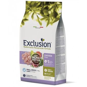 Сухой корм Exclusion с мясом курицы для стерилизованных и кастрированных взрослых собак малых пород возрастом от 10 месяцев. Также рекомендуется собакам с невысоким уровнем физической активности и склонностью к набору лишнего веса, ожирению