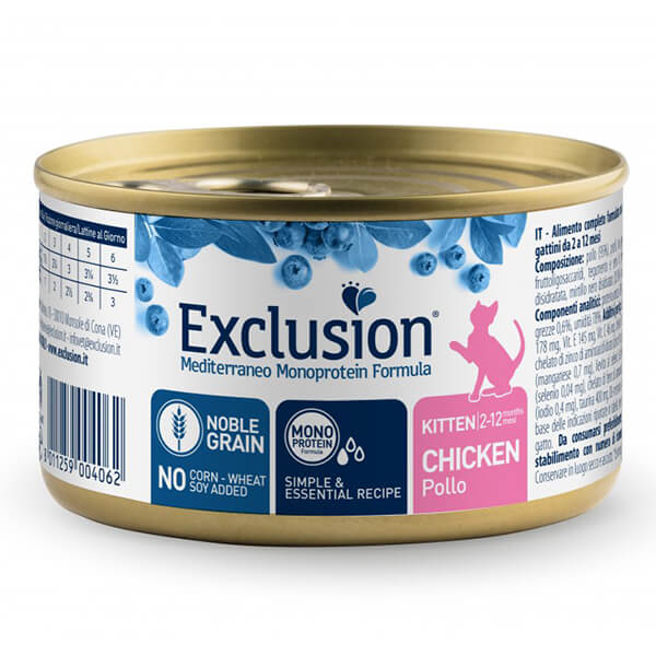 Влажный корм Exclusion Noble Grain Kitten Chicken с курицей для котят от 2 до 12 месяцев, 85 г Влажный корм Exclusion в форме паштета с курицей для котят всех пород в возрасте от 2 до 12 месяцев. Монопротеиновая рецептура содержит 95% мяса курицы, а также лососевое масло, ФОС, МОН, псиллиум и семена подорожника. Выпускается в банке массой 85 г.