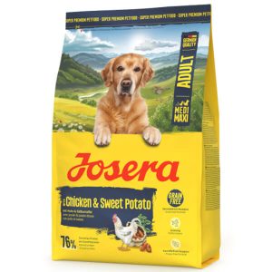 Полноценный сухой беззерновой корм Josera Chicken & Sweet Potato Adult Medi/Maxi (Nature Energetic) с курицей и бататом для взрослых собак средних и крупных пород. Рацион не содержит картофеля и разработан на основе белка домашней птицы
