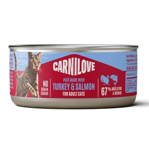 Влажный корм-паштет Carnilove с индейкой и лососем для взрослых кошек старше 12 месяцев. Полнорационный паштет для ежедневного питания кошек