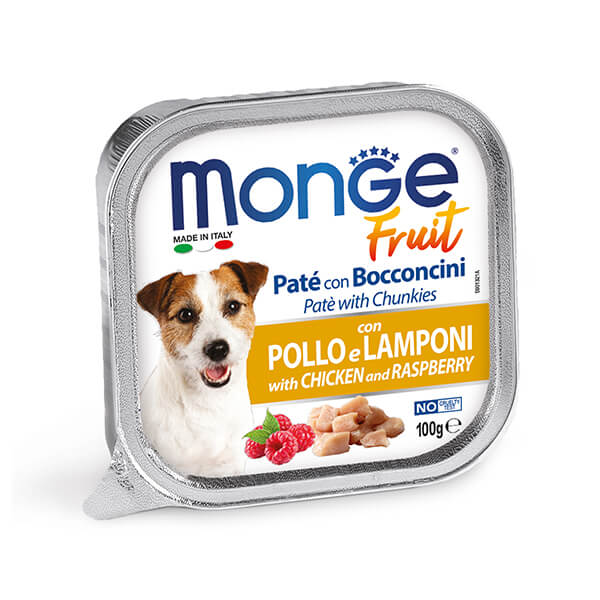 Корм-паштет в ламистере Monge FRUIT DOG Chicken & Raspberry — 100 г. Полнорационный Корм-Паштет в ламистере Monge Fruit Dog Adult with Chicken and Raspberry для взрослых собак из мяса курицы с добавлением малины