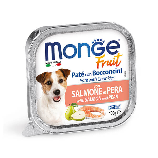 Корм-паштет в ламистере Monge FRUIT DOG Salmon & Pear — 100 г. Полнорационный Корм-Паштет в ламистере Monge Fruit Dog Adult with Salmon and Pear для взрослых собак из нежного мяса лосося с добавлением груши