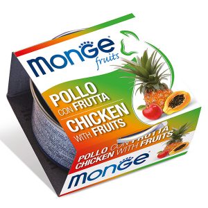 Monge Fruits Cat Adult Chicken with Fruits — это влажный корм для взрослых кошек с курицей и фруктами. Дополнительное питание с кусочками курицы и фруктами помогает разнообразить ежедневный рацион кошки