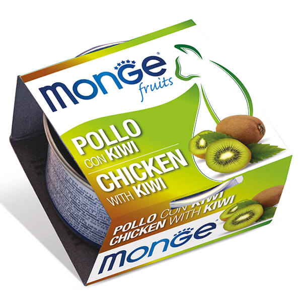 Влажный корм Monge Fruits CHICKEN & KIWI Adult Cat - 80 г. Monge Fruits Cat Adult Chicken with Kiwi — это влажный корм для взрослых кошек с курицей и киви. Дополнительное питание с кусочками курицы и фруктами помогает разнообразить ежедневный рацион кошки