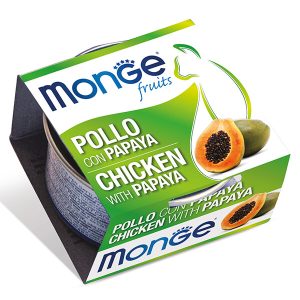 Monge Fruits Cat Adult Chicken with Papaya — это влажный корм для взрослых кошек с курицей и папая. Дополнительное питание с кусочками курицы и фруктами помогает разнообразить ежедневный рацион кошки