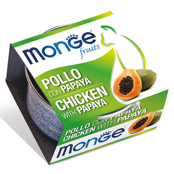 Влажный корм Monge Fruits CHICKEN & PAPAYA Adult Cat — 80 г. Monge Fruits Cat Adult Chicken with Papaya — это влажный корм для взрослых кошек с курицей и папая. Дополнительное питание с кусочками курицы и фруктами помогает разнообразить ежедневный рацион кошки