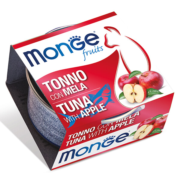 Влажный корм Monge Fruits TUNA & APPLE Adult Cat — 80 г. Monge Fruits Cat Adult Tuna with Apple — это влажный корм для взрослых кошек с тунцом и яблоком. Дополнительный корм с нежными кусочками тунца и фруктами помогает разнообразить ежедневный рацион кошки