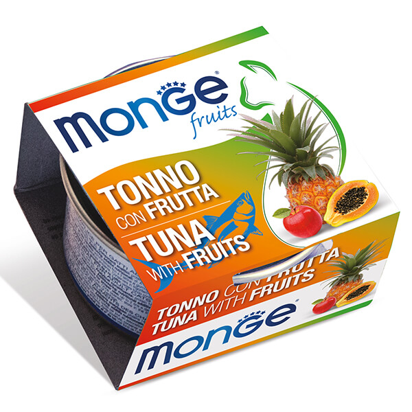 Влажный корм Monge Fruits TUNA & FRUITS Adult Cat — 80 г. Monge Fruits Cat Adult Tuna with Fruits — это влажный корм для взрослых кошек с тунцом и фруктами. Дополнительный корм с нежными кусочками тунца и фруктами помогает разнообразить ежедневный рацион кошки